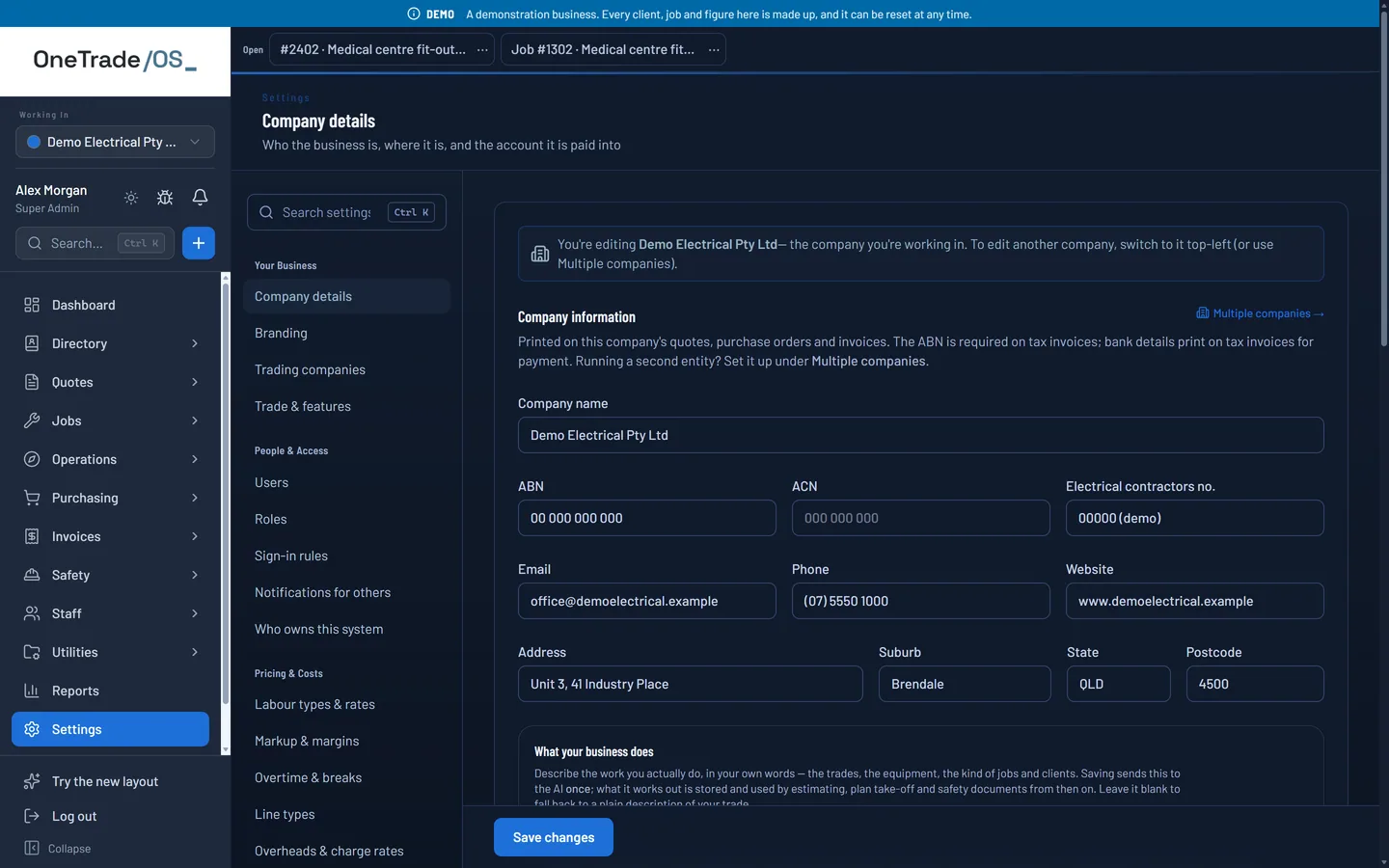 OneTrade OS settings — company details